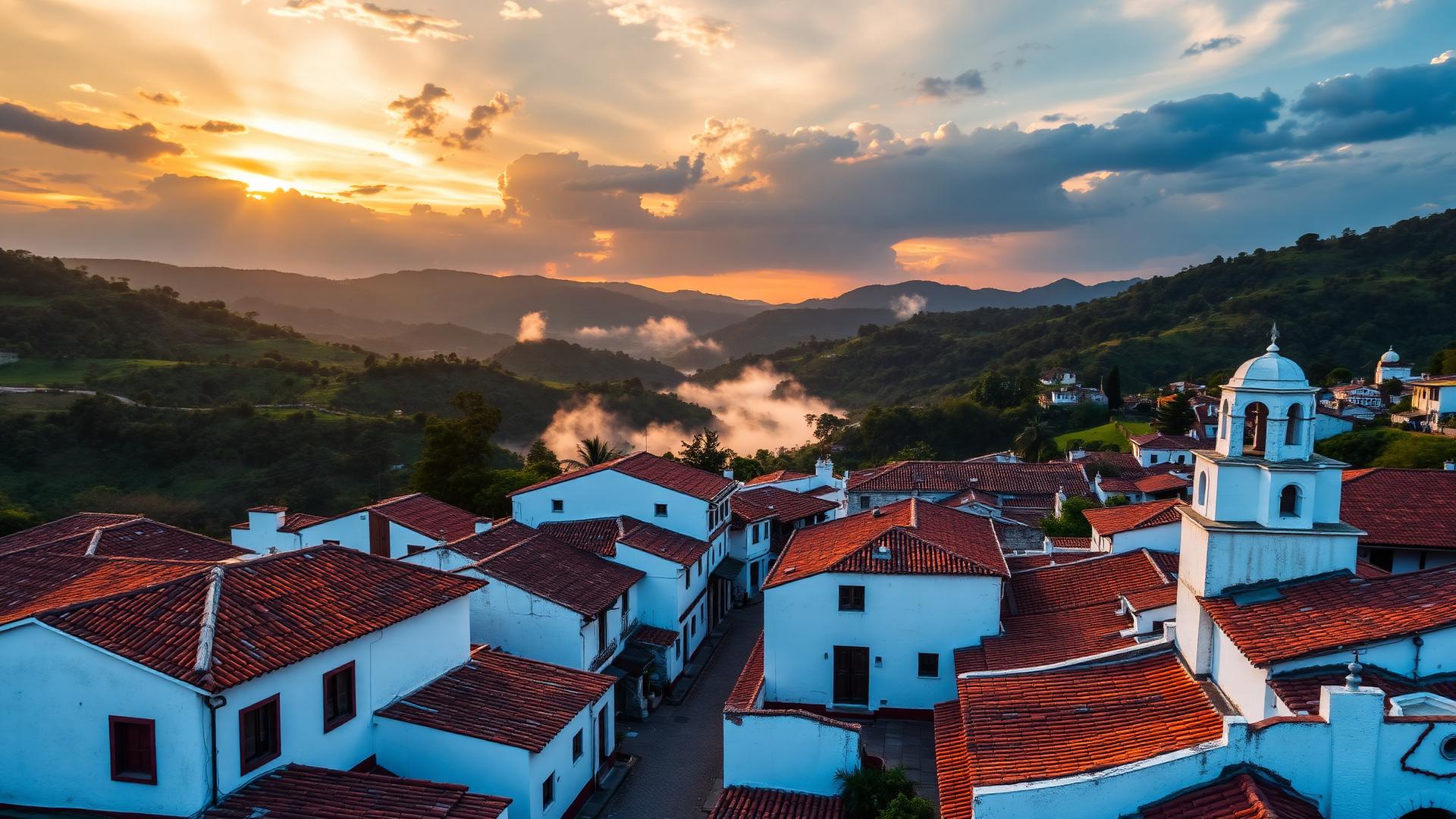 Vista aérea de Barichara al atardecer entre montañas verdes